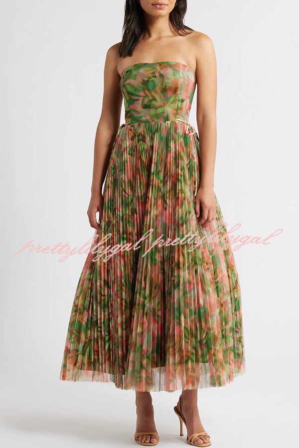 Romantic Factor Pleated Mesh Watercolor Print Bow Detail Strapless Maxi Dress