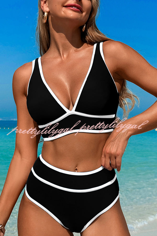 Solid Color Contrast High Waist Stretch Bikini Swimsuit