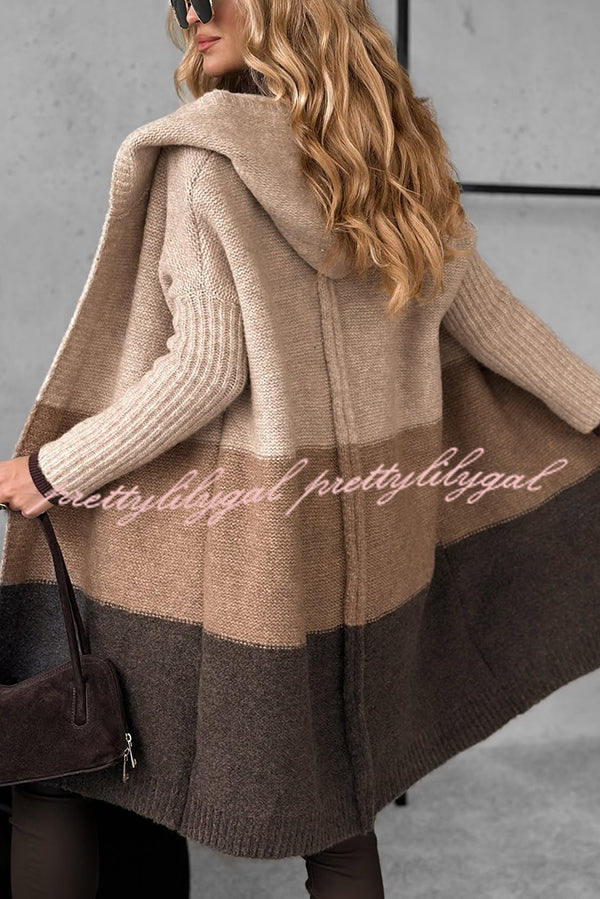 Fashionable Knit Patchwork Color Long-sleeved Hooded Loose Mid-length Cardigan