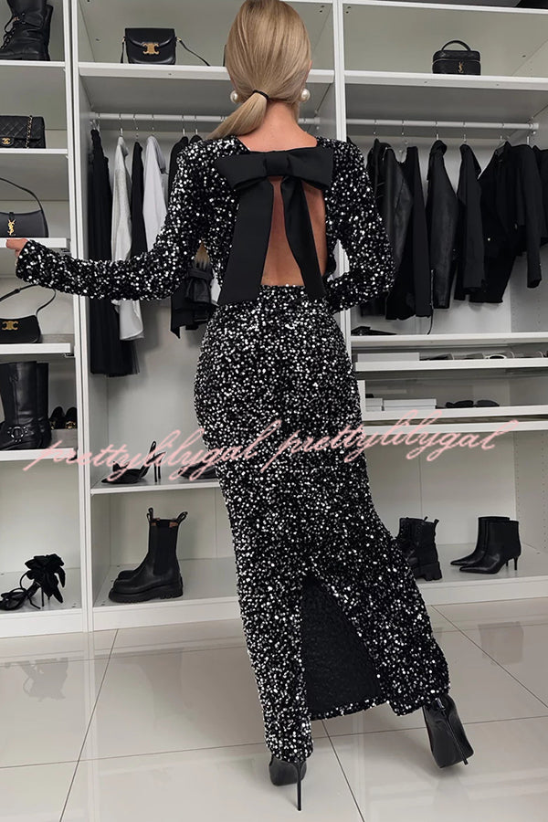 My Space Velvet Sequin Long Sleeve Open Back Bow Detail Stretch Maxi Dress