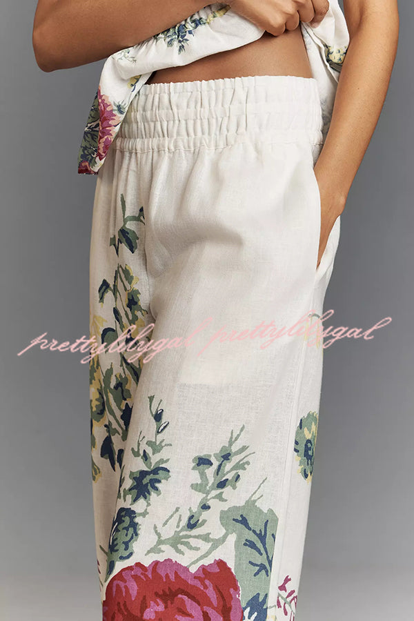 In To The Summer Linen Blend Floral Print Elastic Bandeau and Elastic Waist Pocket Loose Pants Set