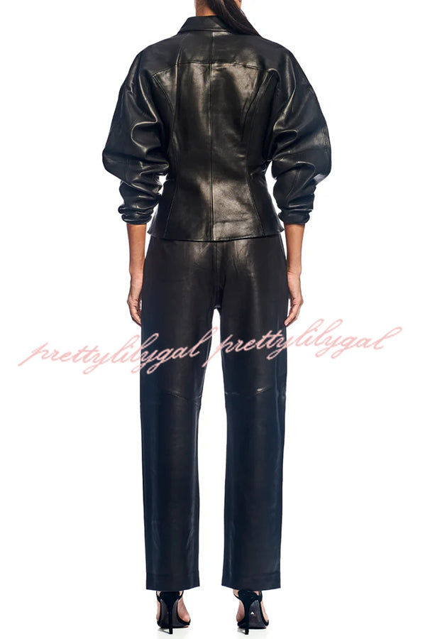 Pop of Brown Faux Leather Double Zipper Detail Balloon Sleeve Lapel Jacket