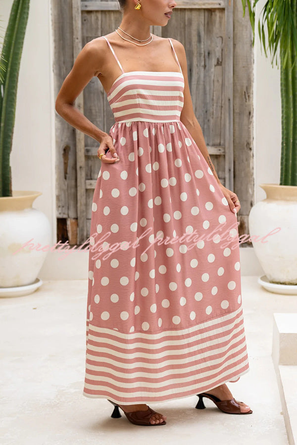 Striped Polka-dot Print Sling Pleated Open-back Maxi Dress