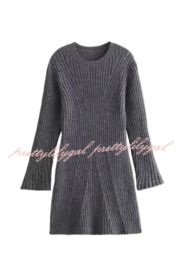 Beautiful Basic Ribbed Knit Long Slit Sleeve Flare Stretch Dress