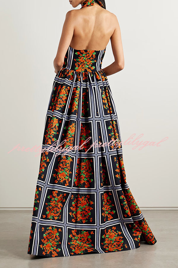 Floral Print Sexy Halter Neck Backless Elegant Maxi Dress