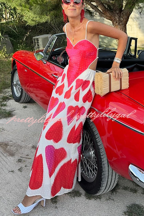 Full of Love Heart Shape Print Cutout Spaghetti Strap Backless Maxi Dress