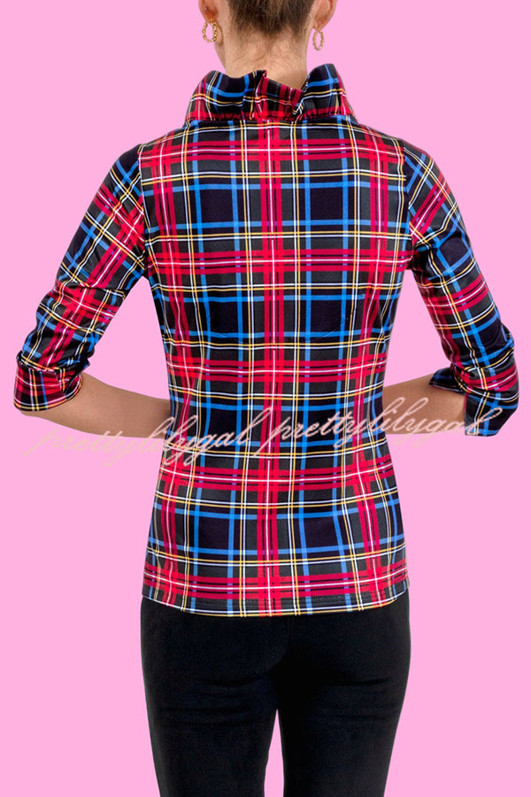 Duke of York Holiday Plaid Ruffle Stand Neck Half Sleeve Blouse