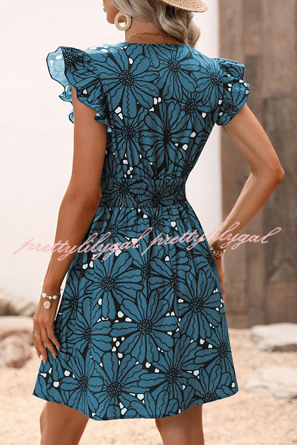 Wonderful Weekend Floral Print Ruffle Sleeve Elastic Waist Mini Dress