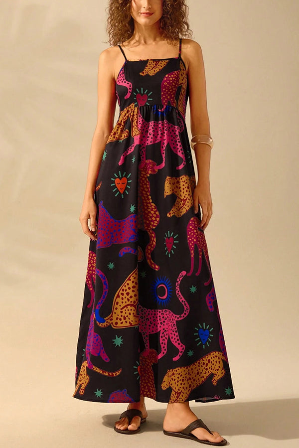 Unique Printed Sling Back Pleated Loose Holiday Maxi Dress