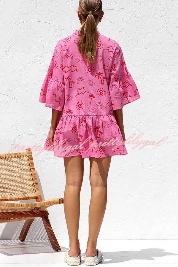 Shelby Unique Print Bell Sleeve Smock Style Tiered Shirt Mini Dress