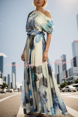 Unique Printed Bohemian Short-sleeved One-shoulder Maxi Dress