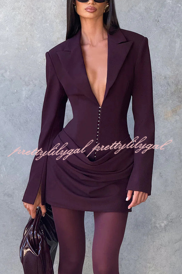 Solid Color Slim-fit V-neck Elegant Draped Formal Mini Dress