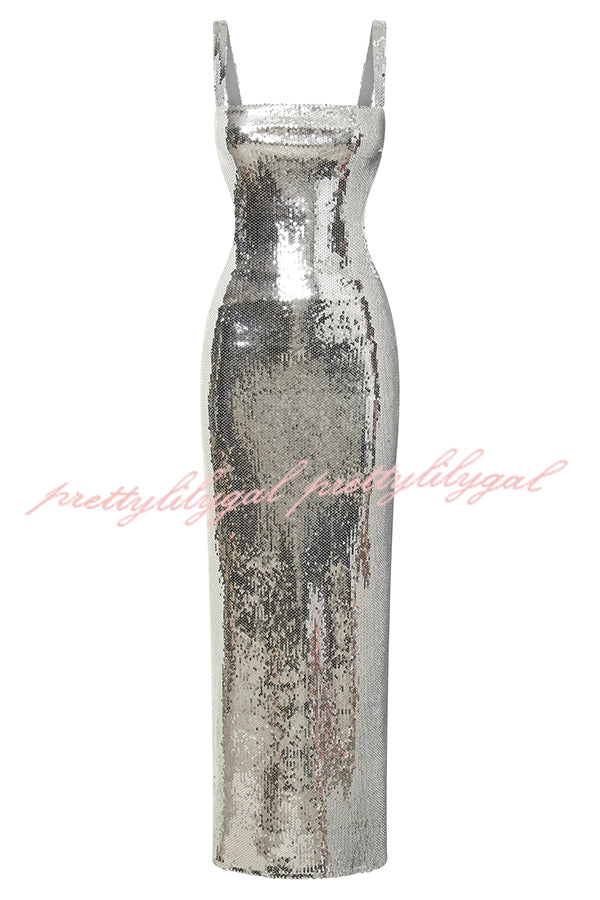 Eye Catching Sequin Cutout Waist Wide Strap Bacakless Maxi Dress