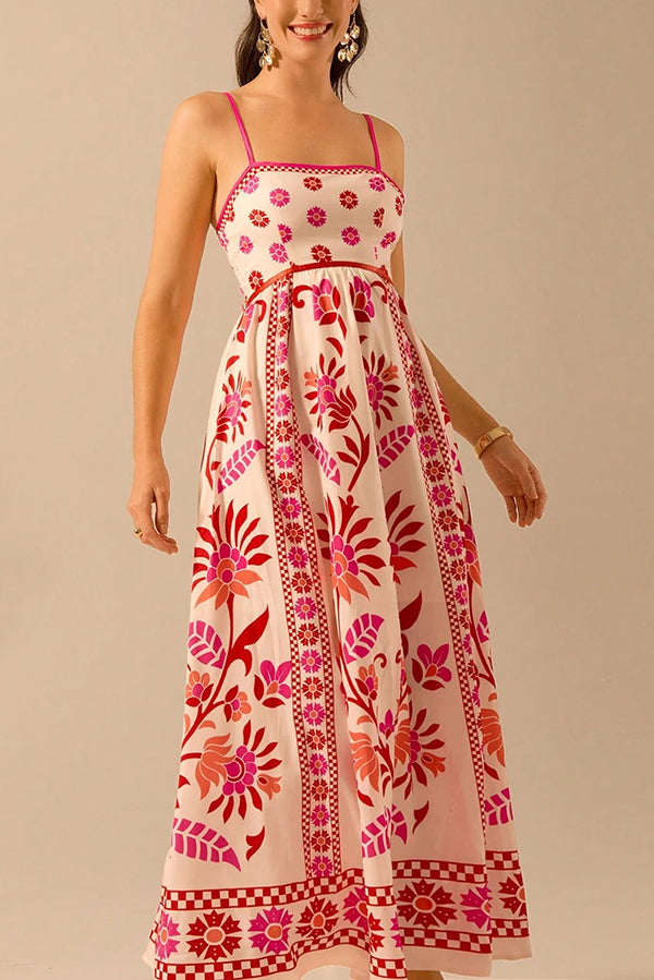 Unique Printed Sling Back Pleated Loose Holiday Maxi Dress