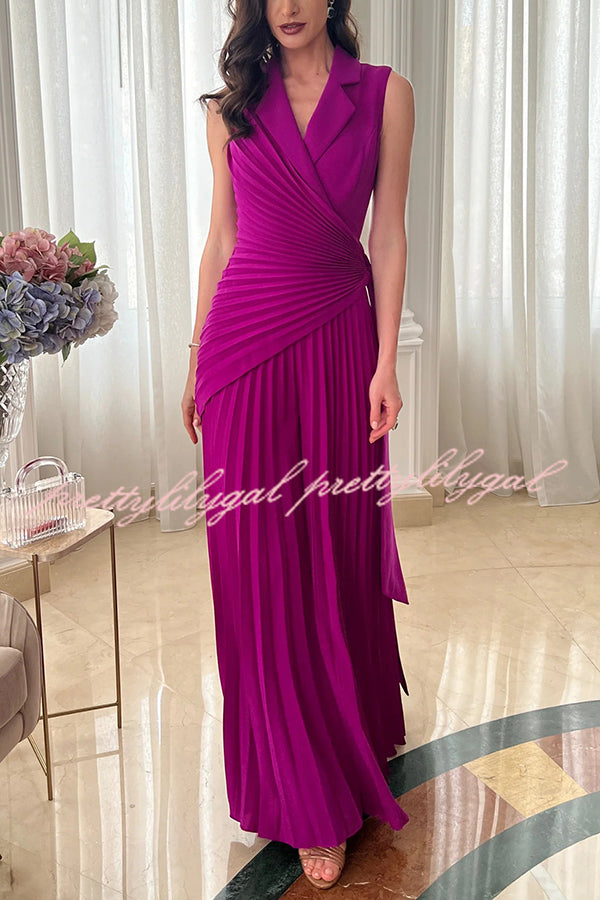 Solid Color Lapel Sleeveless Waist Tie Pleated Wide-leg Jumpsuit