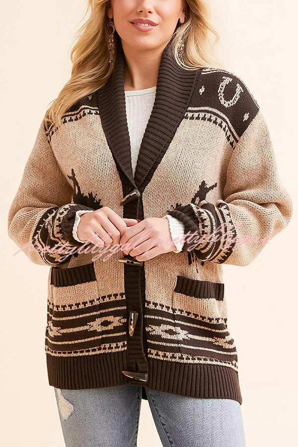 Retro Western Knit Unique Pattern Horn Buttons Pocket Lapel Loose Cardigan