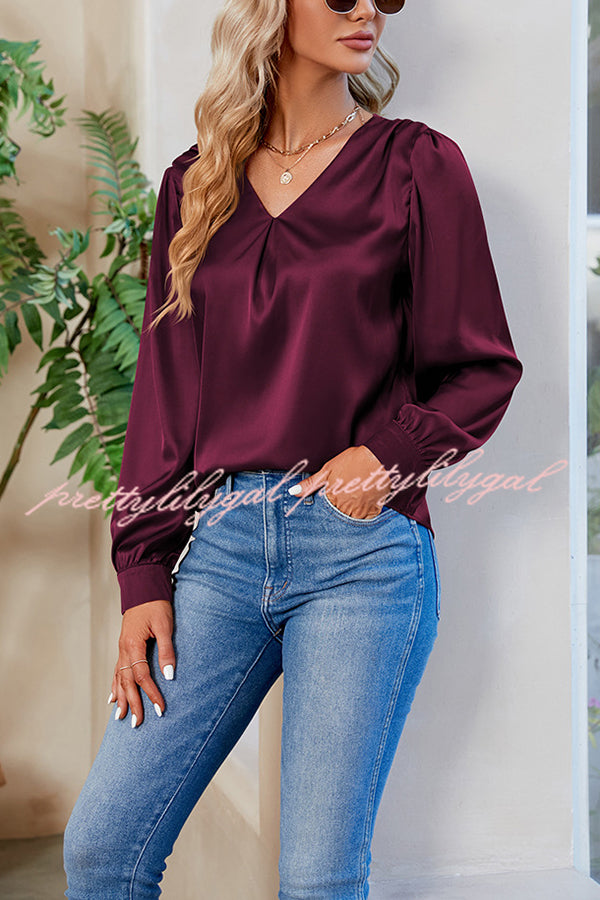 Satin Pleated V-neck Long-sleeved Loose Shirt