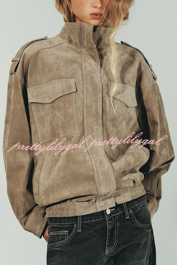 Fashionable Suede Loose Pocket Leather Jacket