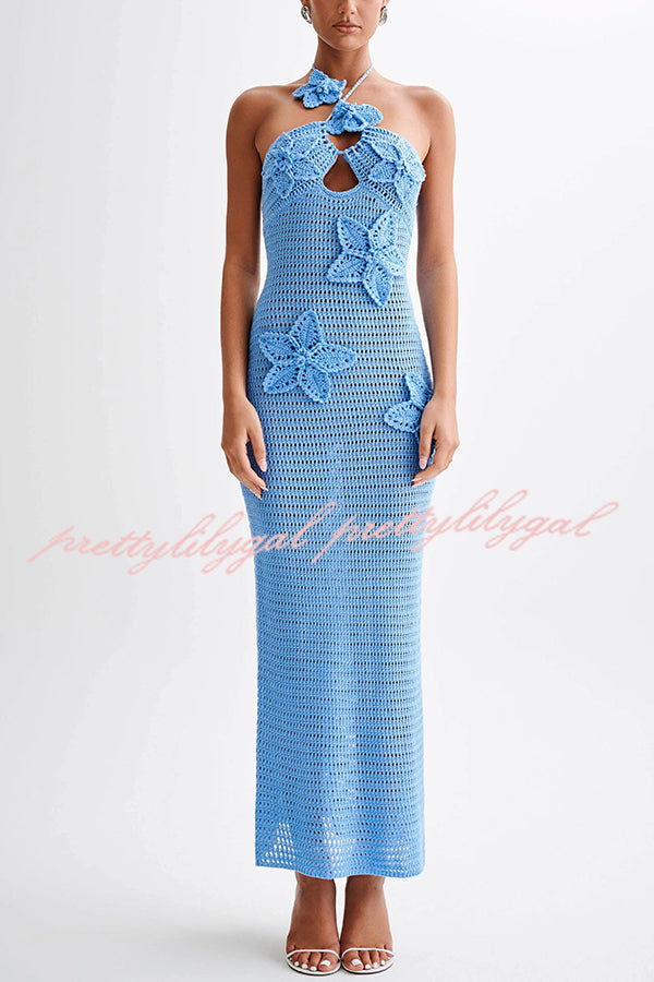 Call It Chic Knit Floral Crochet Halter Fishtail Hem Maxi Dress