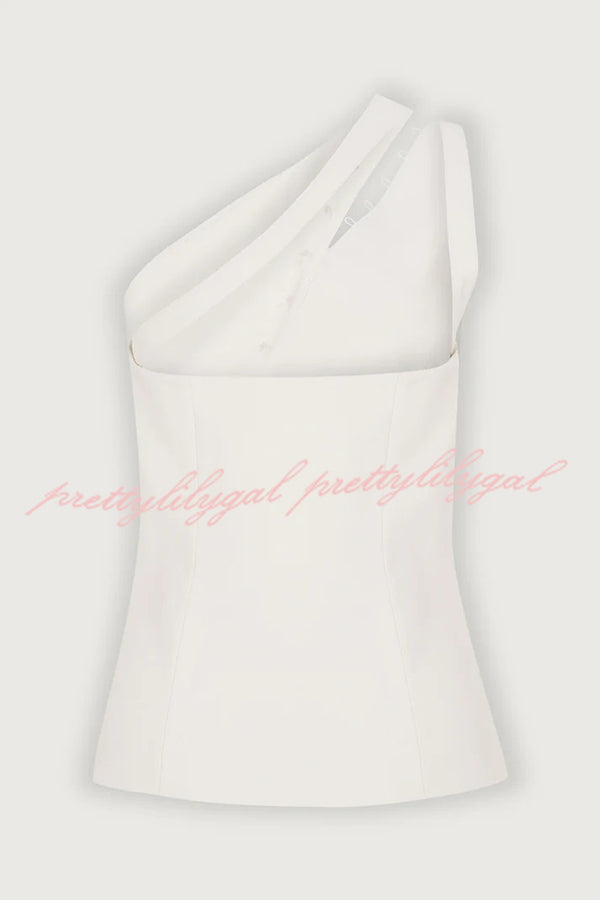 Full of Design Solid Color One Shoulder Asymmetric Slit Button Casual Vest