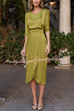 Satin Solid Color Round Neck Half Sleeve Waist Midi Dress
