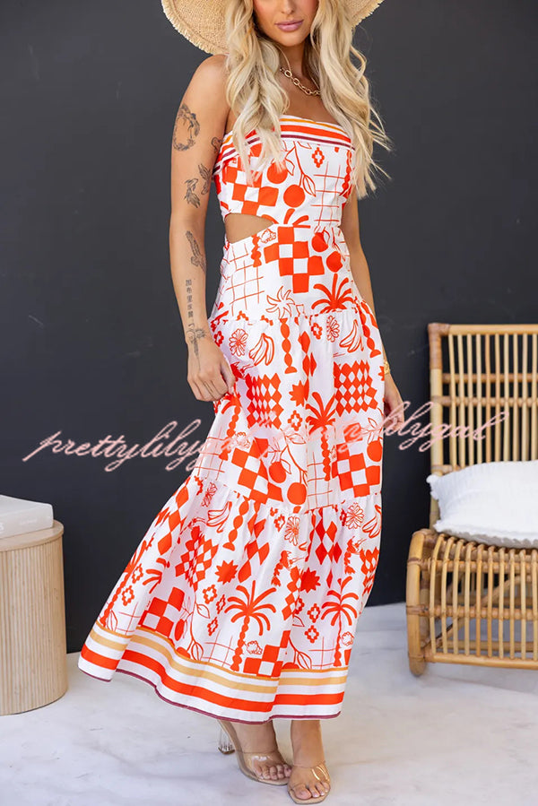 Unique Print Waist Cutout Back Gathered Suspender Maxi Dress