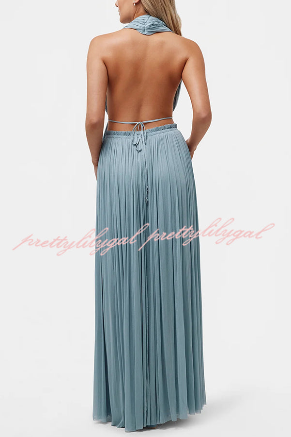 Pure Lightness Chiffon Pleated Halter Backless Top and Elastic Waist A-line Maxi Skirt Set