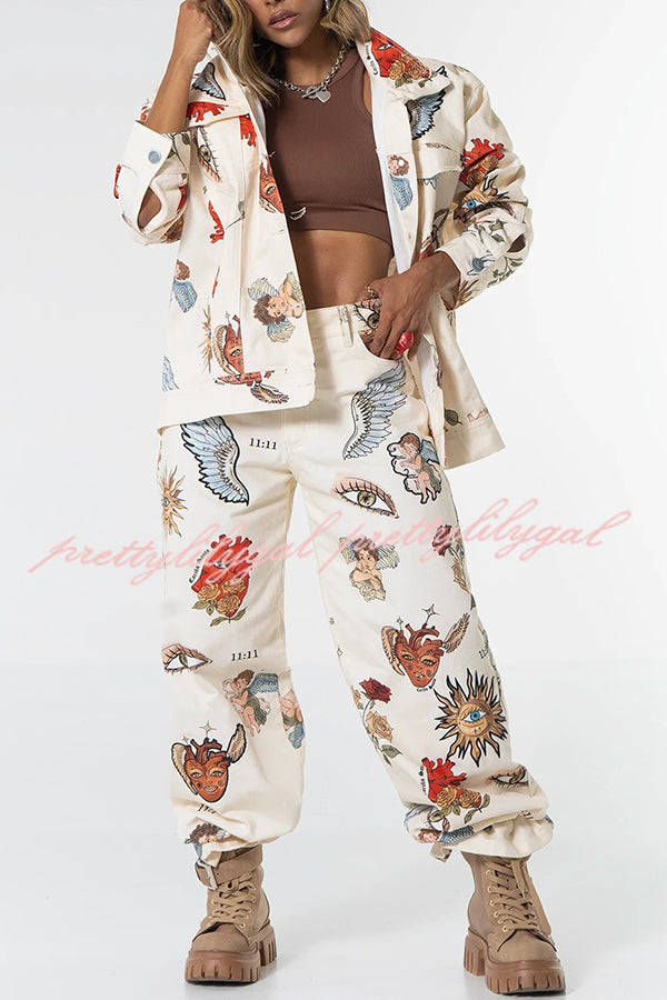 Angel Wings Denim Unique Print Button Up Long Sleeve Pocketed Relaxed Jacket