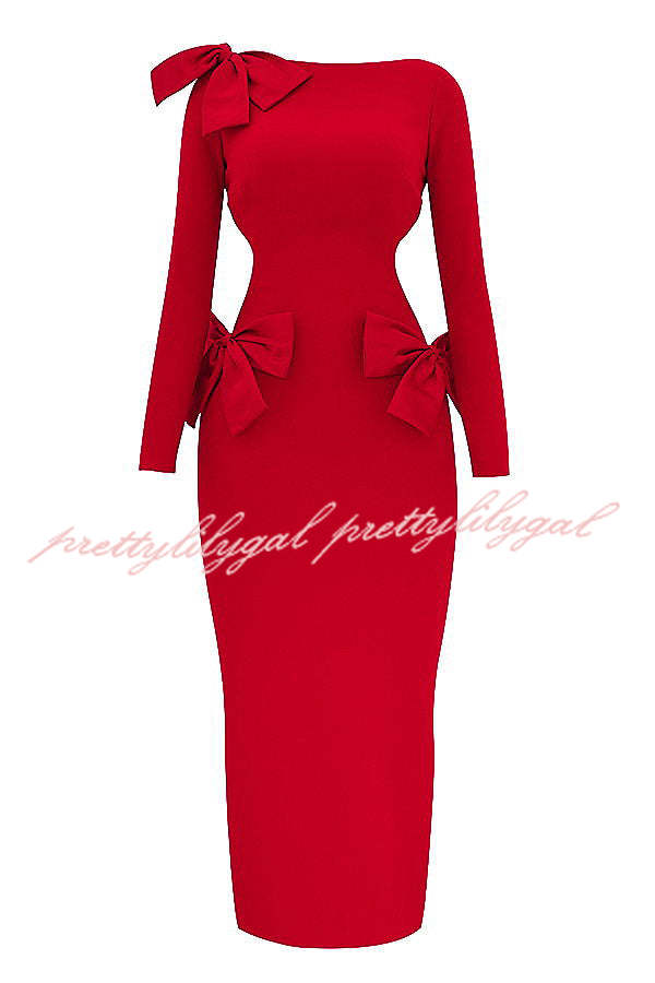 Lovely Bow Cutout Button Back Zipper Long Sleeve Maxi Dress