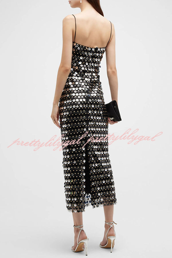 Sexy Sequined Halter-neck Backless Slim Fit Slit Midi Dress