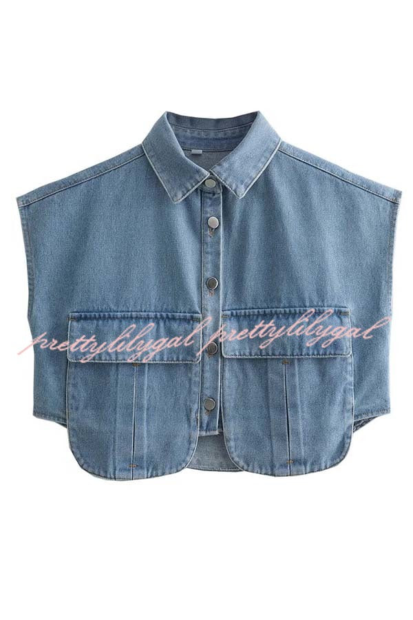 Stylish Weekend Denim Button Up Cape Sleeve Pocket Crop Top