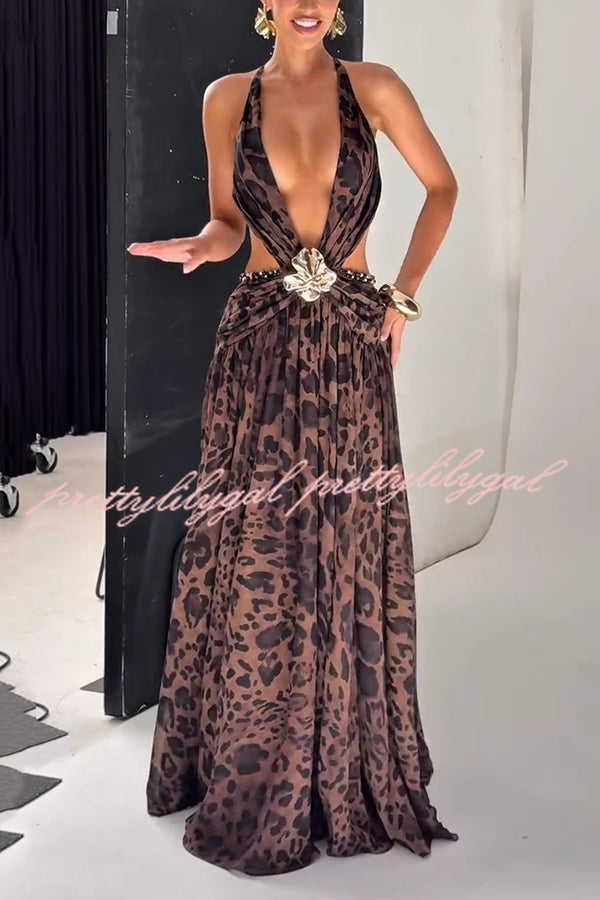 Kinara Leopard Print Deep V-neck Metal Flower Hollow Beads Detail Slit Maxi Dress