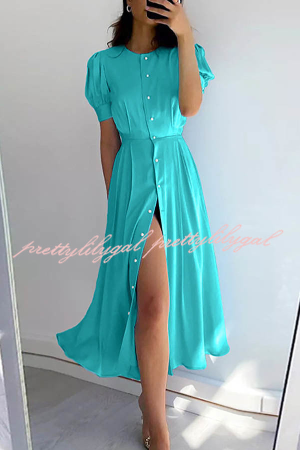 Chic and Classy Vibe Puff Sleeve Pearl Button Slit Midi Dress