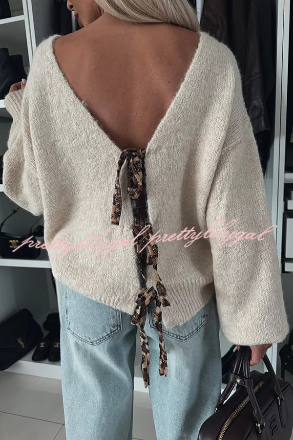 Fashionable Charm Knit Back Leopard Print Bow Tie-up Relaxed Sweater