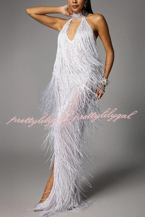 Glimmer Hour Shiny Layered Tassels Halter Cutout Neck Split Maxi Dress
