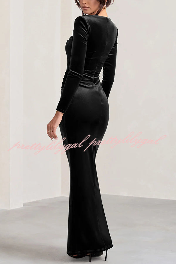 Hollywood Glamor Velvet Plunge Neck Long Sleeve Twisted Slit Stretch Maxi Dress