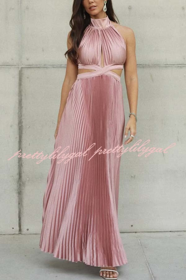 Stunning Choice Satin Pleated Halter High Neck Cutout Waist Backless Maxi Dress