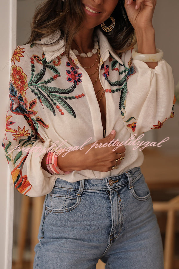 Botanical Print Loose Lapel Long Sleeve Casual Shirt