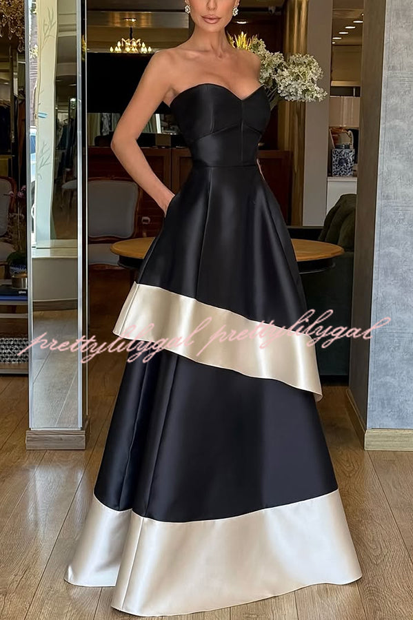 Vivian Satin Contrast Color Sweetheart Bandeau Neck Pocket Layered Maxi Dress