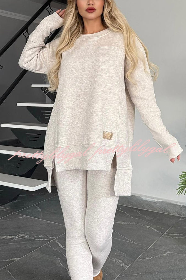 Solid Color Crew Neck Long Sleeve Top and Casual Stretch Pants Set