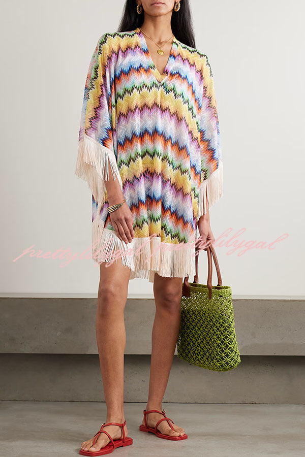 Jiya Knit Colorful Zigzag Pattern Tassle Trim Loose Kaftan Mini Dress