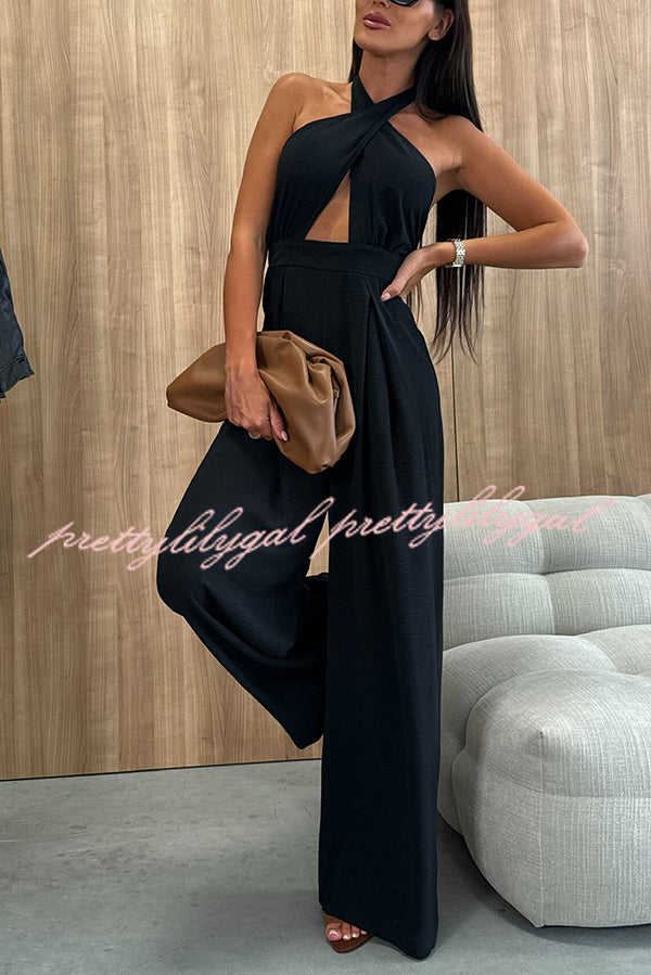 Easy Mode Cross-neck Halter Strap Backless Wide Leg Jumpsuit