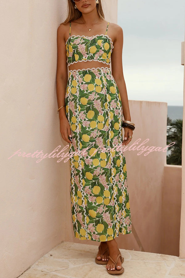 Linen Blend Summer Fruit Print Camisole Top and Elegant Lace Back Slit Maxi Skirt Set