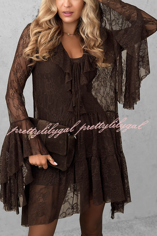 Feeling Lighthearted Lace Ruffle Neck Bell Sleeve Layered Hem A-line Mini Dress