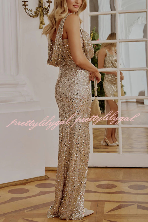 Glitzy Gala Sequin Draped Neckline Back Tie-up Ruched Slit Maxi Dress