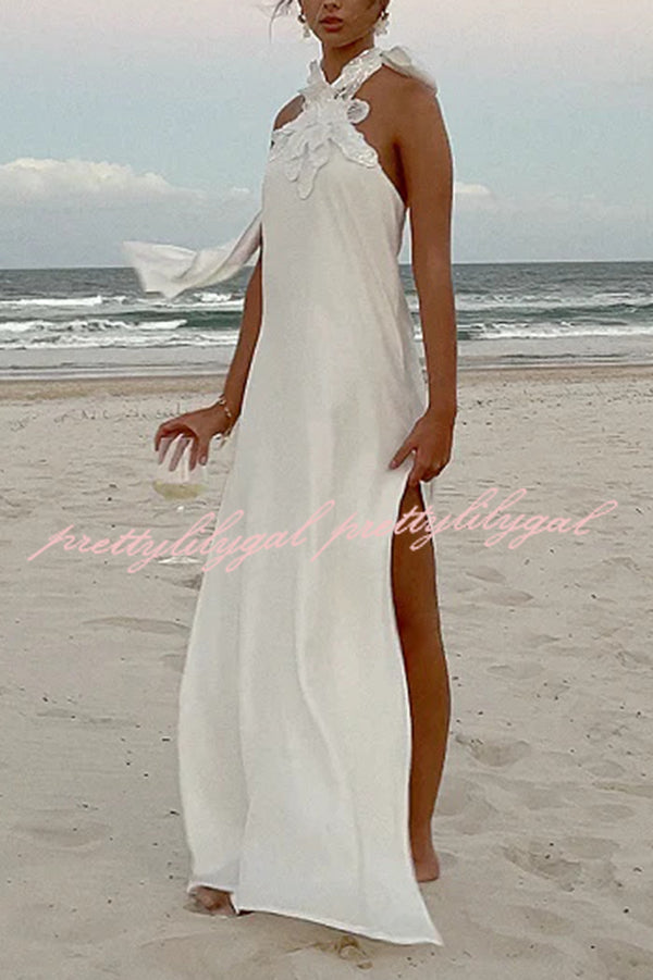 Floral Embellished Satin Halterneck Backless Resort Maxi Dress