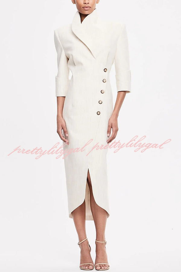 Elegant Look Linen Blend Stand Lapel Neck Half Sleeve Side Button Midi Dress