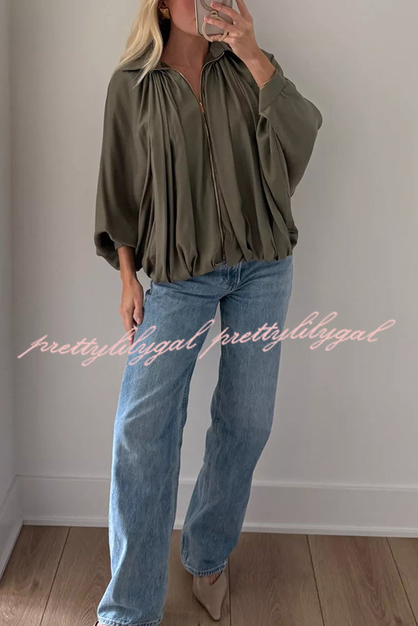 Fashion Lapel Loose Puff Long Sleeve Casual Zipper Jacket