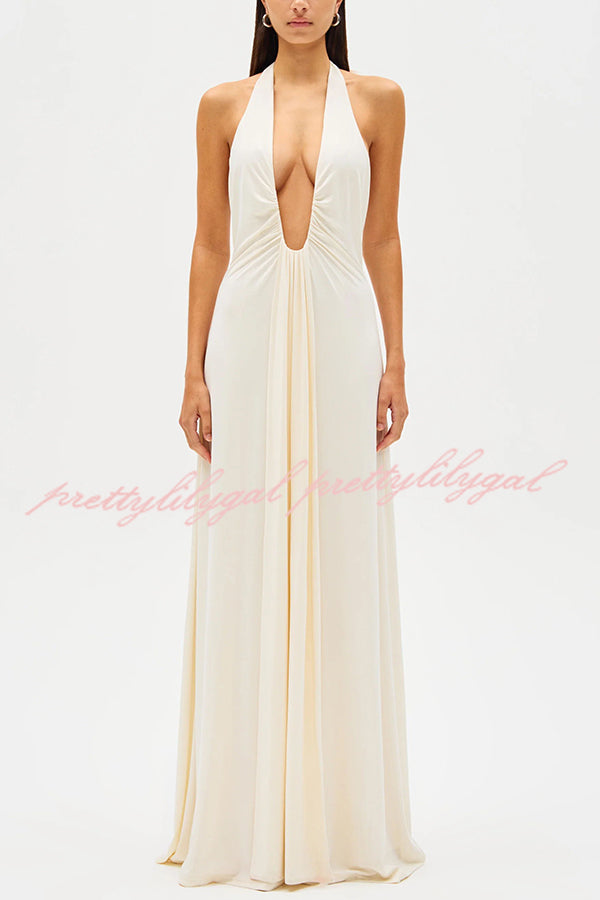 Sexy Silhouette Deep U-neck Halter Waterfall Sash Drape Maxi Dress