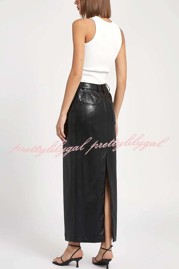 Classic Feel Faux Leather Mid Rise Pocket Slit Stretch Maix Skirt